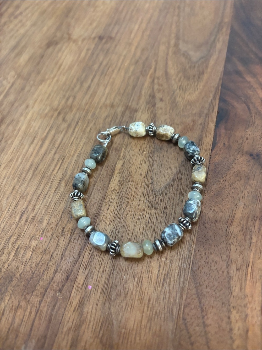 .925 sterling silver moss opal bead bracelet- Artisan hand strung wire